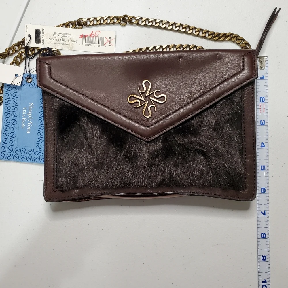 NWT SIMPLY VERA WANG Dark‎ BROWN Faux Fur CROSSBODY BAG